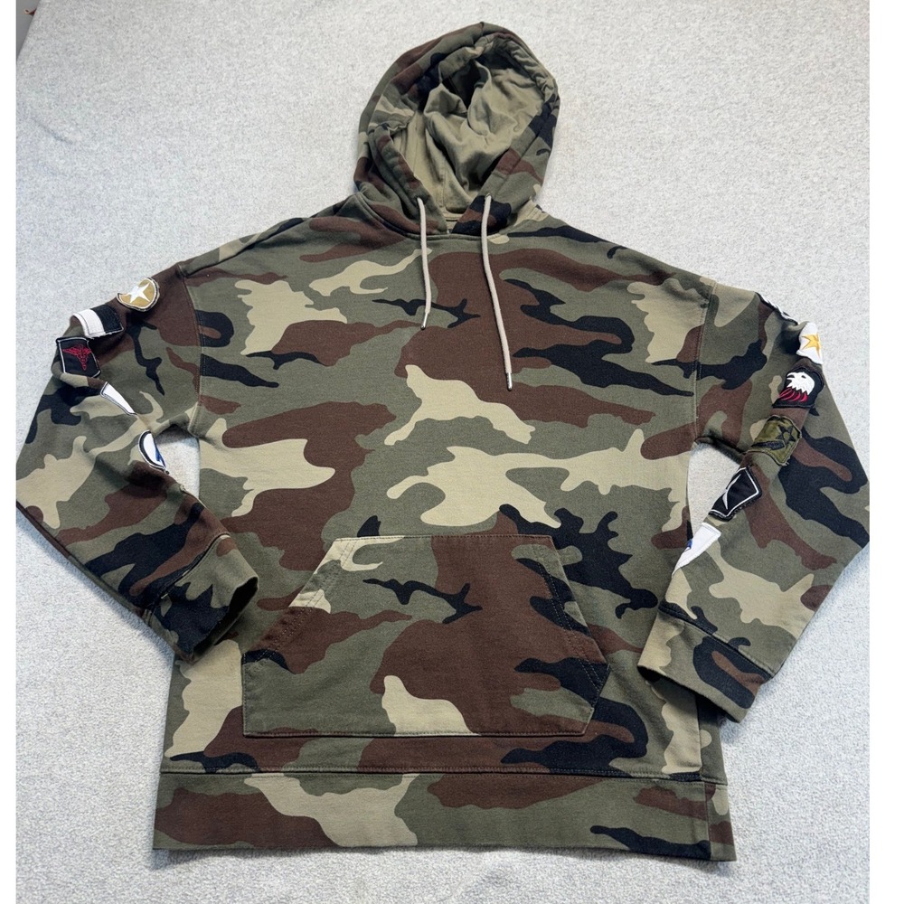 PacSun LA Camo Hoodie Mens S Boxy Fit Military Patch Sleeve Pullover Sweatshirt